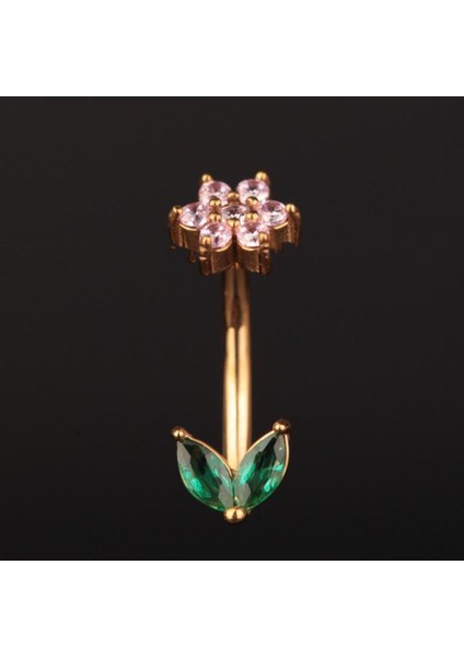 316 L Cerrahi Çelik Göbek Piercingi Çiçek Detaylı Piercing Zirkon Taşlı Çiçek Piercing