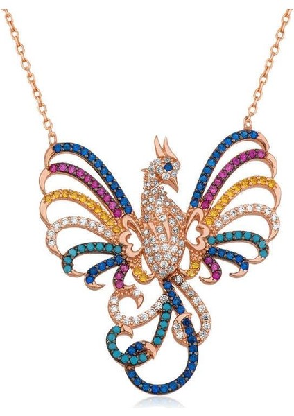 Hk Gümüş Kadın Kolye Rose Zümrüdü Anka Kuşu |Gümüş Takı Hediyelik Ürünler