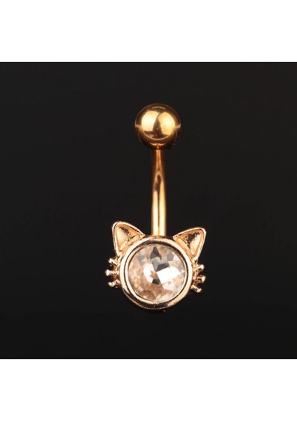 316 L Cerrahi Çelik Göbek Piercingi Kedi Detaylı Piercing Zirkon Taşlı Kedi Piercing