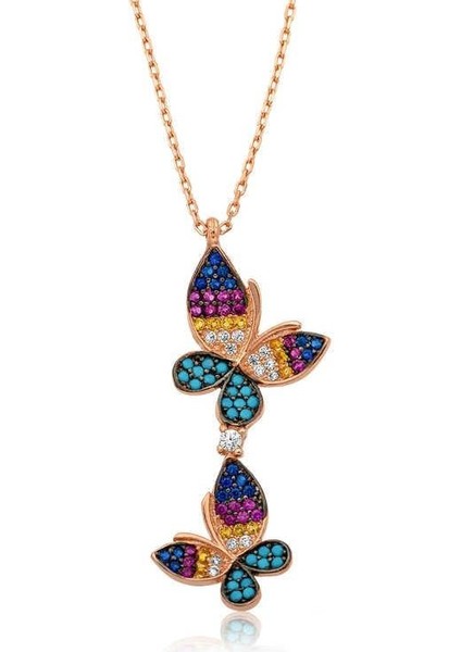 Hk Gümüş Kadın Kolye Rose Çift Kelebek |Gümüş Takı Hediyelik Ürünler