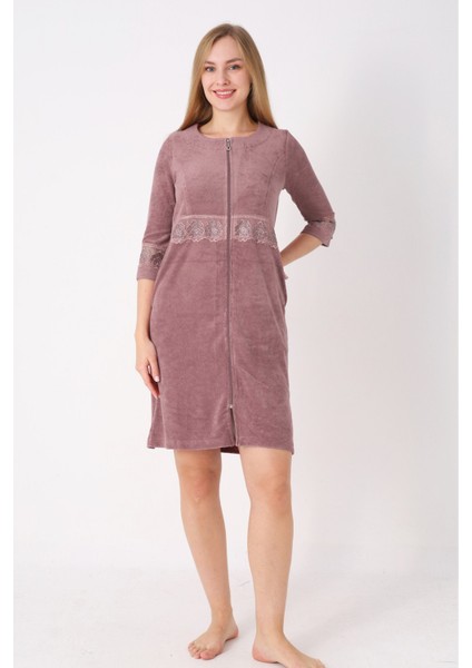 Kiremit Fermuarlı Dantelli Cepli Pamuklu Havlu Truvakar Kollu Elbise