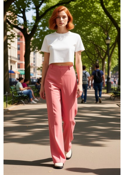 Kadın Yüksek Bel Geniş Paça Dokuma Kumaş Pantolon Fonksiyonel Dayanıklı Kaliteli Konforlu Şık fırsatları