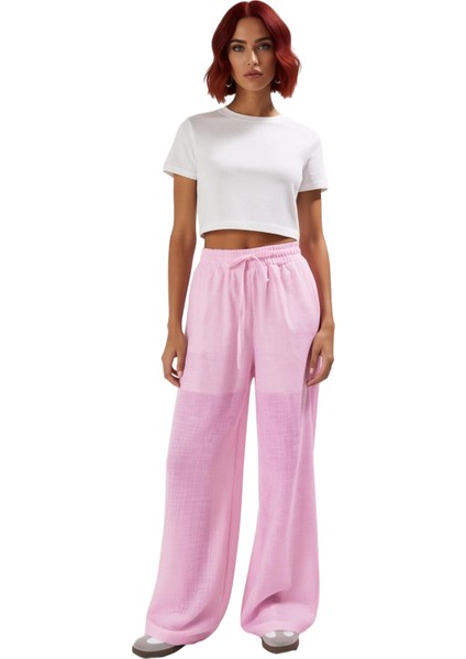 Kadın Geniş Paça Keten Dokulu Pantolon Fonksiyonel Dayanıklı Kaliteli Konforlu Estetik Şık