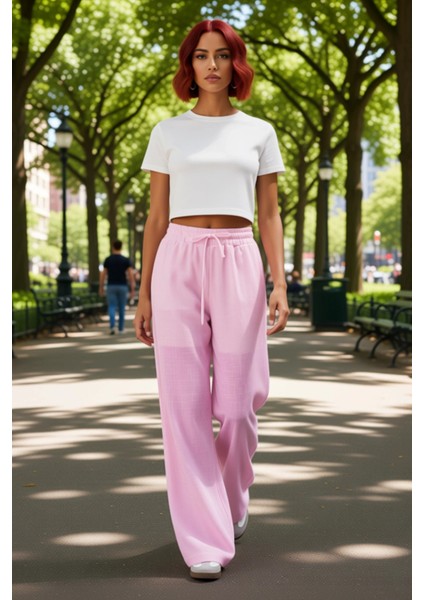 Kadın Geniş Paça Keten Dokulu Pantolon Fonksiyonel Dayanıklı Kaliteli Konforlu Estetik Şık fırsatları