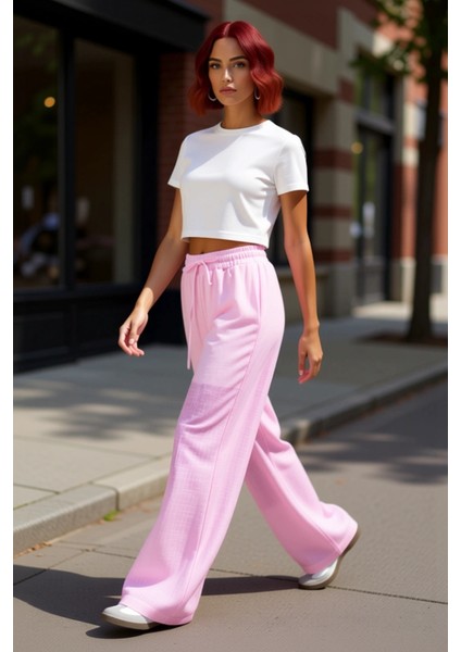 Kadın Geniş Paça Keten Dokulu Pantolon Fonksiyonel Dayanıklı Kaliteli Konforlu Estetik Şık indirimleri