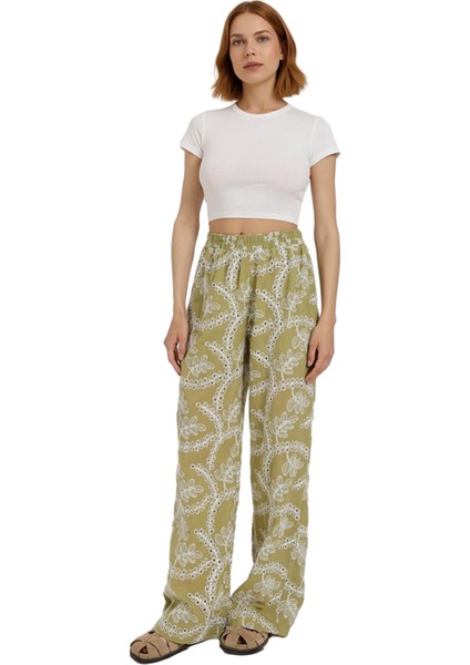 Kadın Yüksek Bel Nakışlı Geniş Paça Pantolon Fonksiyonel Dayanıklı Kaliteli Konforlu Rahat