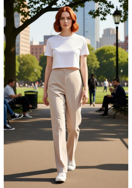 Kadın Yüksek Bel Düz Paça Dokuma Pantolon Fonksiyonel Dayanıklı Kaliteli Konforlu Estetik Şık fırsatları