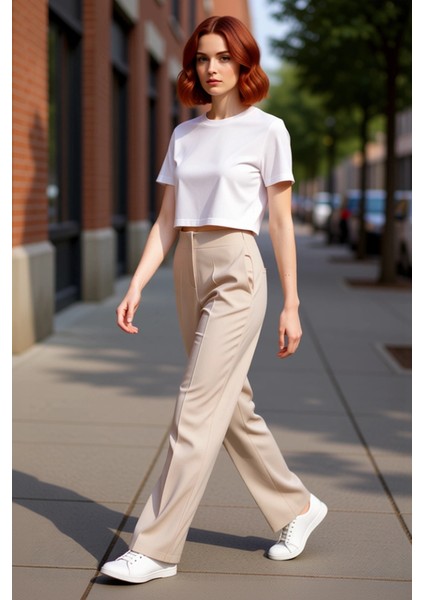 Kadın Yüksek Bel Düz Paça Dokuma Pantolon Fonksiyonel Dayanıklı Kaliteli Konforlu Estetik Şık indirimleri