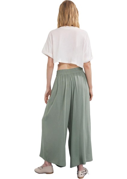 Kadın Haki Geniş Paça Dokuma Pantolon Yüksek Bel Palazzo Fonksiyonel Dayanıklı Kaliteli Şık fiyatları