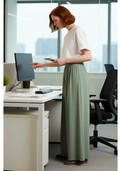 Kadın Haki Geniş Paça Dokuma Pantolon Yüksek Bel Palazzo Fonksiyonel Dayanıklı Kaliteli Şık modelleri