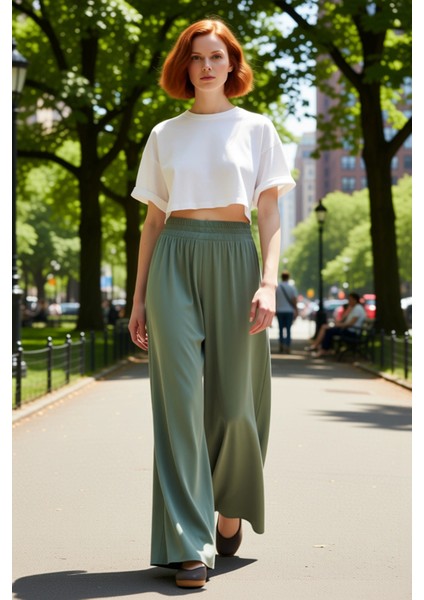 Kadın Haki Geniş Paça Dokuma Pantolon Yüksek Bel Palazzo Fonksiyonel Dayanıklı Kaliteli Şık fırsatları