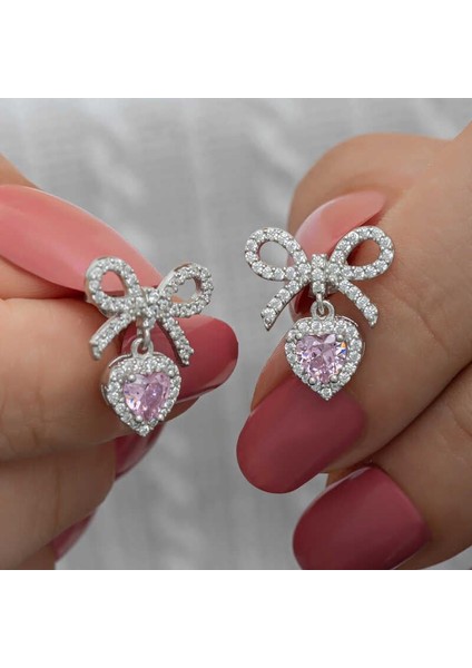 Hk Gümüş Kadın Küpe Fiyonk Pembe Taşlı Kalpli Çivili |Gümüş Takı Hediyelik Ürünler