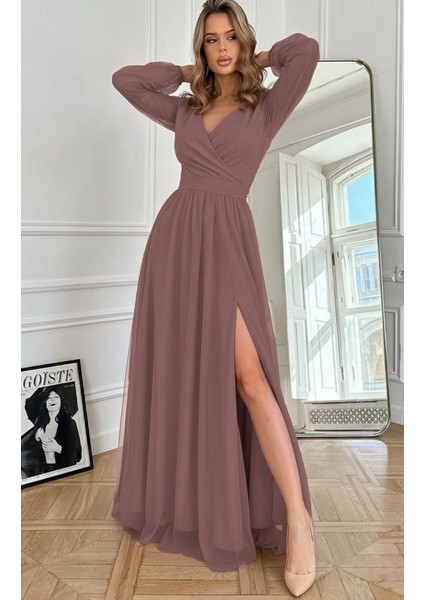 Kadın Uzun Kollu Kruvaze Yakalı Belden Kuşaklı Tüllü Uzun Ithal Krep Elbise