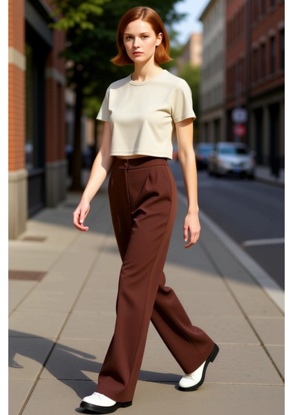 Kadın Geniş Paça Yüksek Bel Dokuma Pantolon Fonksiyonel Dayanıklı Kaliteli Konforlu Modern fırsatları