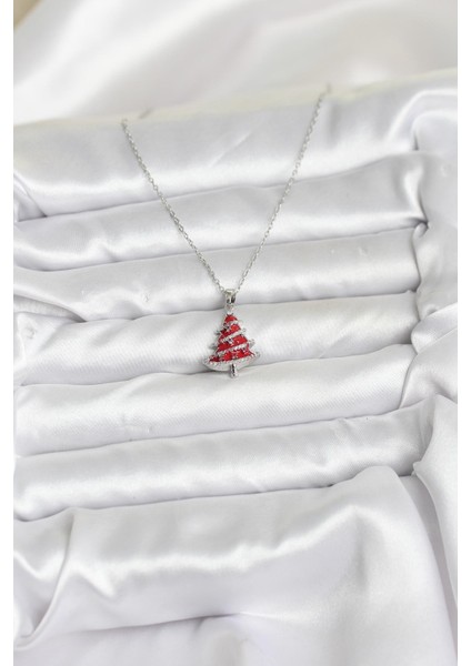 Zarif Boyunlar Için Silver Çelik Zincir Kırmızı Çam Ağacı Yılbaşı Tema Kadın Kolye