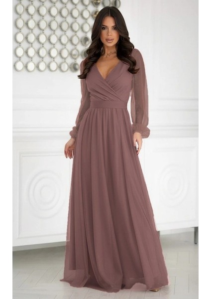 Kadın Uzun Kollu Kruvaze Yakalı Belden Kuşaklı Tüllü Uzun Ithal Krep Elbise modelleri