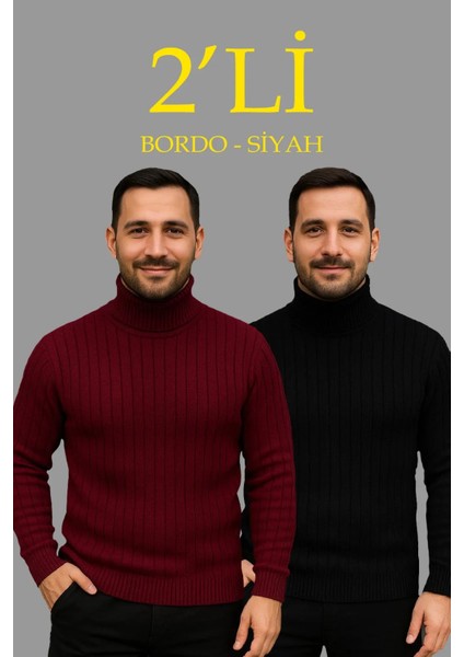 Erkek Fitilli Triko Kazak 2'li Set Bordo Siyah Regular Balıkcı Yaka Tam Boğazlı Triko Seti Modeli Kazak