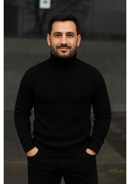 Erkek Fitilli Triko Kazak 2'li Set Bordo Siyah Regular Balıkcı Yaka Tam Boğazlı Triko Seti Modeli Kazak modelleri