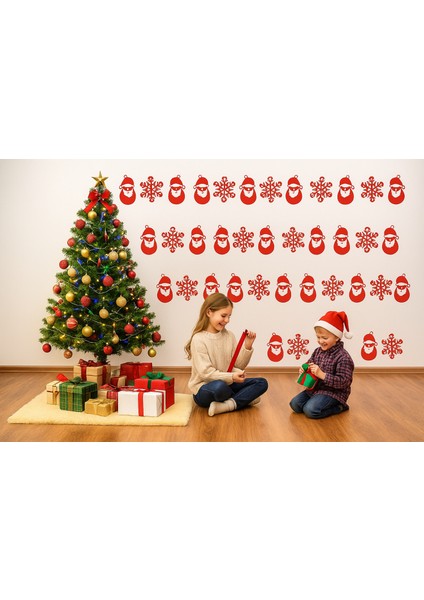 Yeniyıl Noel Temalı Vitrin Cam Kardan Adam Kar Tanesi Sticker Kırmızı 69 Adet