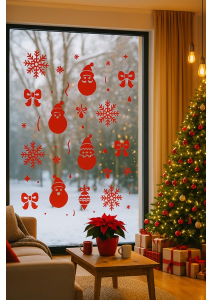 Yeniyıl Noel Temalı Vitrin Cam Kardan Adam Kar Tanesi Sticker Kırmızı 69 Adet modelleri