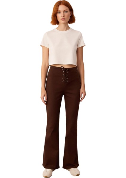 Kadın Haki Gabardin Flare Pantolon Bağcıklı Detaylı Fonksiyonel Dayanıklı Kaliteli Estetik