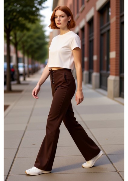 Kadın Haki Gabardin Flare Pantolon Bağcıklı Detaylı Fonksiyonel Dayanıklı Kaliteli Estetik indirimleri