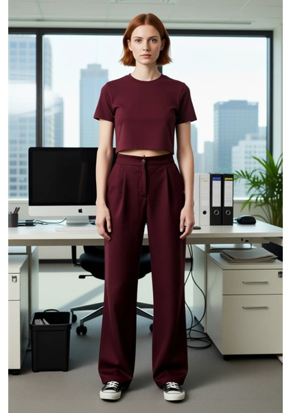 Kadın Yüksek Bel Geniş Paça Dokuma Kumaş Pantolon Fonksiyonel Dayanıklı Kaliteli Konforlu Şık modelleri