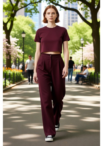 Kadın Yüksek Bel Geniş Paça Dokuma Kumaş Pantolon Fonksiyonel Dayanıklı Kaliteli Konforlu Şık fırsatları