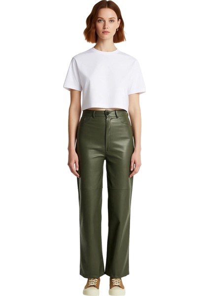 Kadın Haki Yüksek Bel Geniş Paça Suni Deri Pantolon Fonksiyonel Dayanıklı Kaliteli Estetik