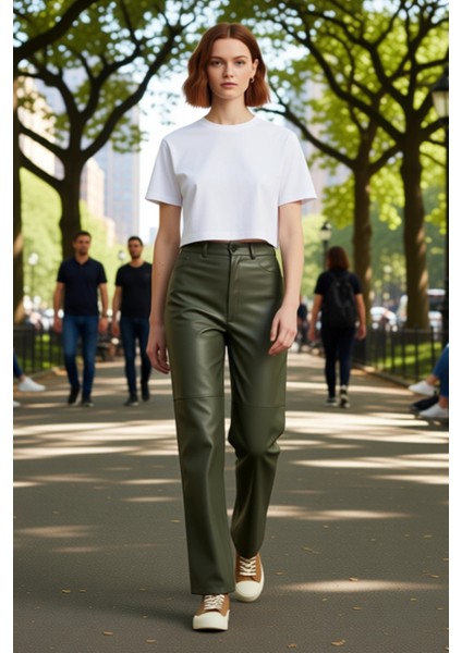 Kadın Haki Yüksek Bel Geniş Paça Suni Deri Pantolon Fonksiyonel Dayanıklı Kaliteli Estetik fırsatları