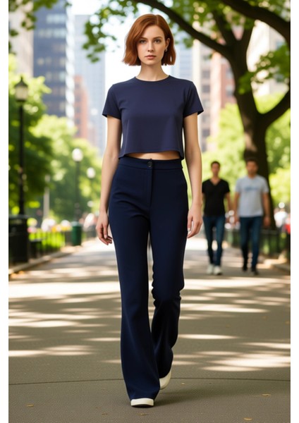 Kadın Flare Yüksek Bel Dokuma Pantolon Fonksiyonel Dayanıklı Kaliteli Konforlu Estetik Şık fırsatları
