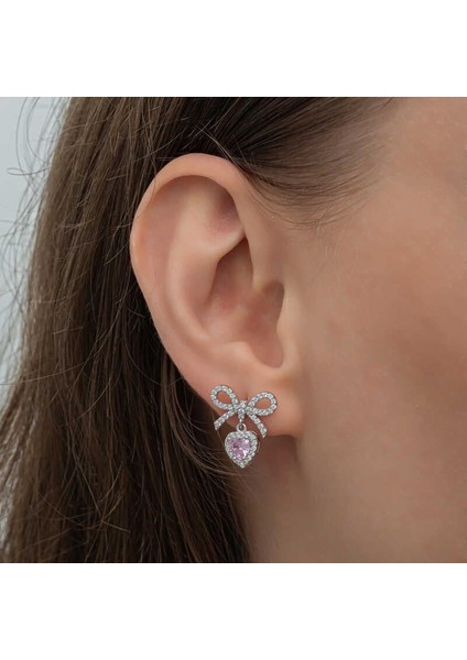 Hk Gümüş Kadın Küpe Fiyonk Pembe Taşlı Kalpli Çivili |Gümüş Takı Hediyelik Ürünler modelleri