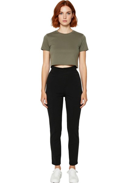 Kadın Yüksek Bel Lastikli Dar Paça Örme Pantolon Fonksiyonel Dayanıklı Kaliteli Konforlu Şık