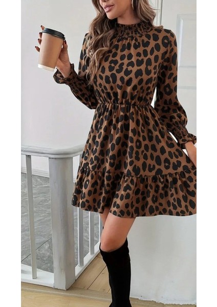 Kadın Uzun Kollu Yarı Balıkçı Yaka Leopar Desenli Modal Mini Elbise fiyatları