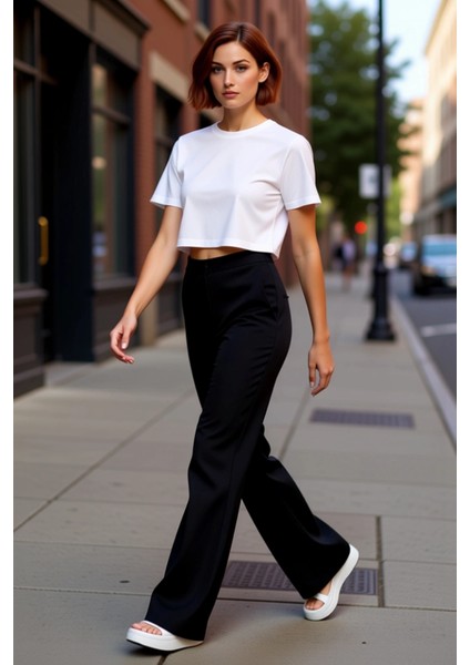 Kadın Yüksek Bel Flare Dokuma Kumaş Pantolon Fonksiyonel Dayanıklı Kaliteli Konforlu Rahat fırsatları