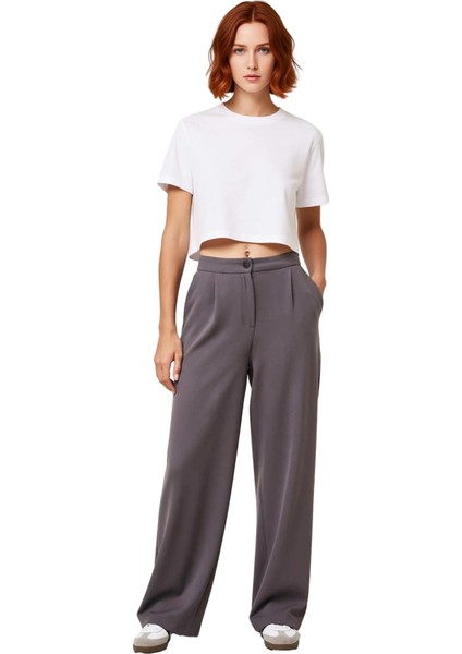 Kadın Geniş Paça Yüksek Bel Dokuma Pantolon Fonksiyonel Dayanıklı Kaliteli Konforlu Modern