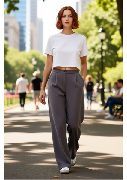 Kadın Geniş Paça Yüksek Bel Dokuma Pantolon Fonksiyonel Dayanıklı Kaliteli Konforlu Modern fırsatları