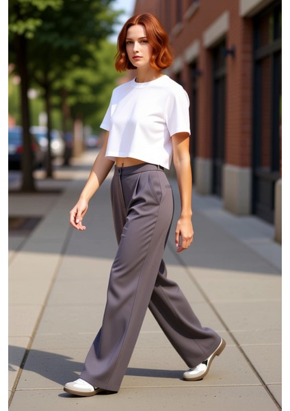 Kadın Geniş Paça Yüksek Bel Dokuma Pantolon Fonksiyonel Dayanıklı Kaliteli Konforlu Modern indirimleri