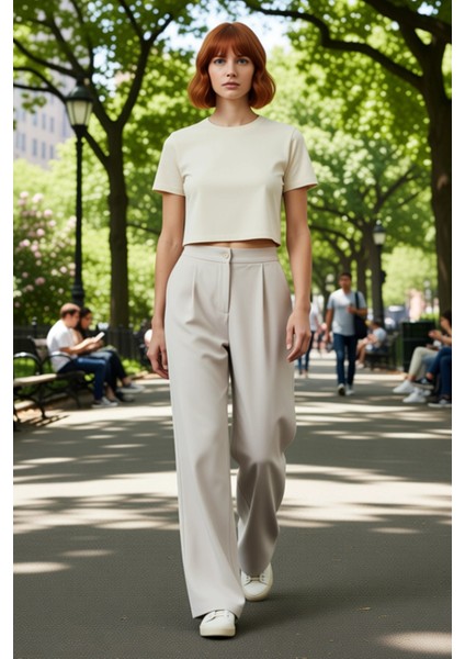 Kadın Geniş Paça Yüksek Bel Dokuma Pantolon Fonksiyonel Dayanıklı Kaliteli Konforlu Modern fırsatları