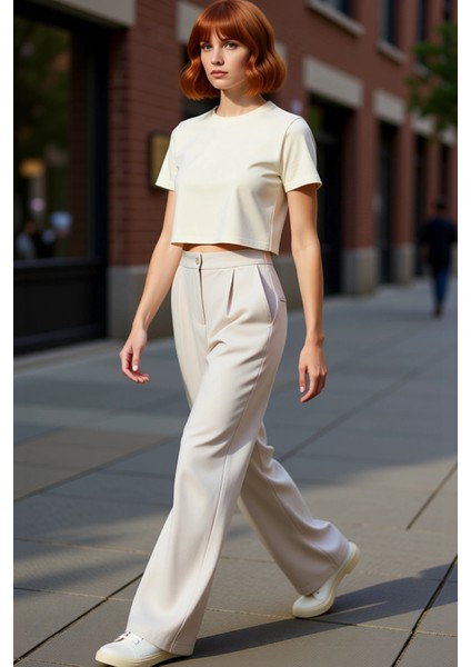 Kadın Geniş Paça Yüksek Bel Dokuma Pantolon Fonksiyonel Dayanıklı Kaliteli Konforlu Modern indirimleri