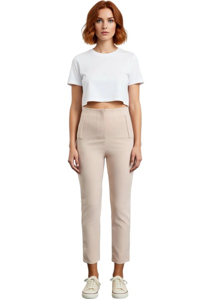 Kadın Yüksek Bel Dar Paça Dokuma Kumaş Pantolon Fonksiyonel Dayanıklı Kaliteli Konforlu Şık