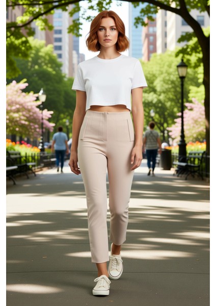 Kadın Yüksek Bel Dar Paça Dokuma Kumaş Pantolon Fonksiyonel Dayanıklı Kaliteli Konforlu Şık fırsatları