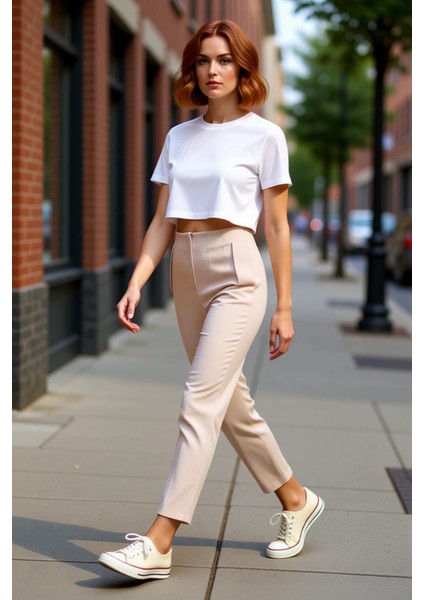 Kadın Yüksek Bel Dar Paça Dokuma Kumaş Pantolon Fonksiyonel Dayanıklı Kaliteli Konforlu Şık indirimleri