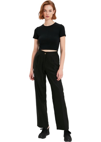 Kadın Yüksek Bel Geniş Paça Dokuma Kumaş Pantolon Fonksiyonel Dayanıklı Kaliteli Konforlu Şık