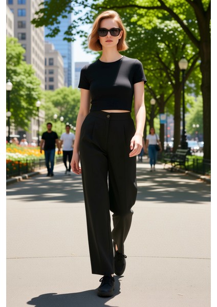 Kadın Yüksek Bel Geniş Paça Dokuma Kumaş Pantolon Fonksiyonel Dayanıklı Kaliteli Konforlu Şık modelleri