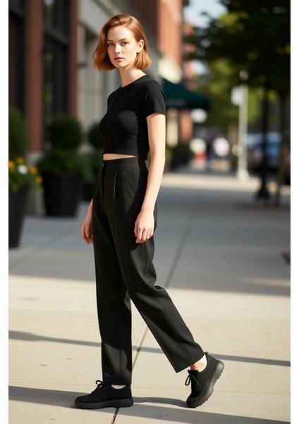 Kadın Yüksek Bel Geniş Paça Dokuma Kumaş Pantolon Fonksiyonel Dayanıklı Kaliteli Konforlu Şık fırsatları