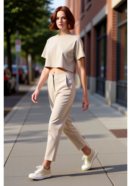 Kadın Yüksek Bel Dar Paça Dokuma Pantolon Fonksiyonel Dayanıklı Kaliteli Konforlu Estetik Şık indirimleri