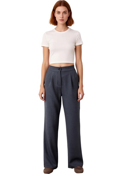 Kadın Yüksek Bel Geniş Paça Dokuma Kumaş Pantolon Fonksiyonel Dayanıklı Kaliteli Konforlu Şık