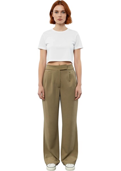 Kadın Yüksek Bel Geniş Paça Kumaş Pantolon Fonksiyonel Dayanıklı Kaliteli Konforlu Estetik