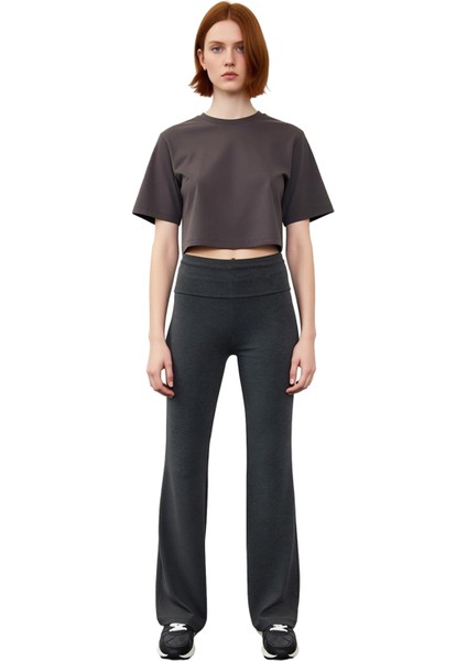 Kadın Esnek Interlok Örme Flare Paça Pantolon Antrasit Melanj Fonksiyonel Dayanıklı Modern